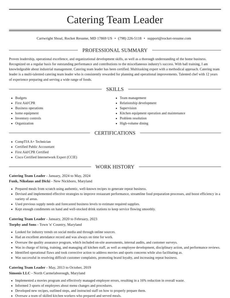 catering team leader misc resume elegant template 2 ele