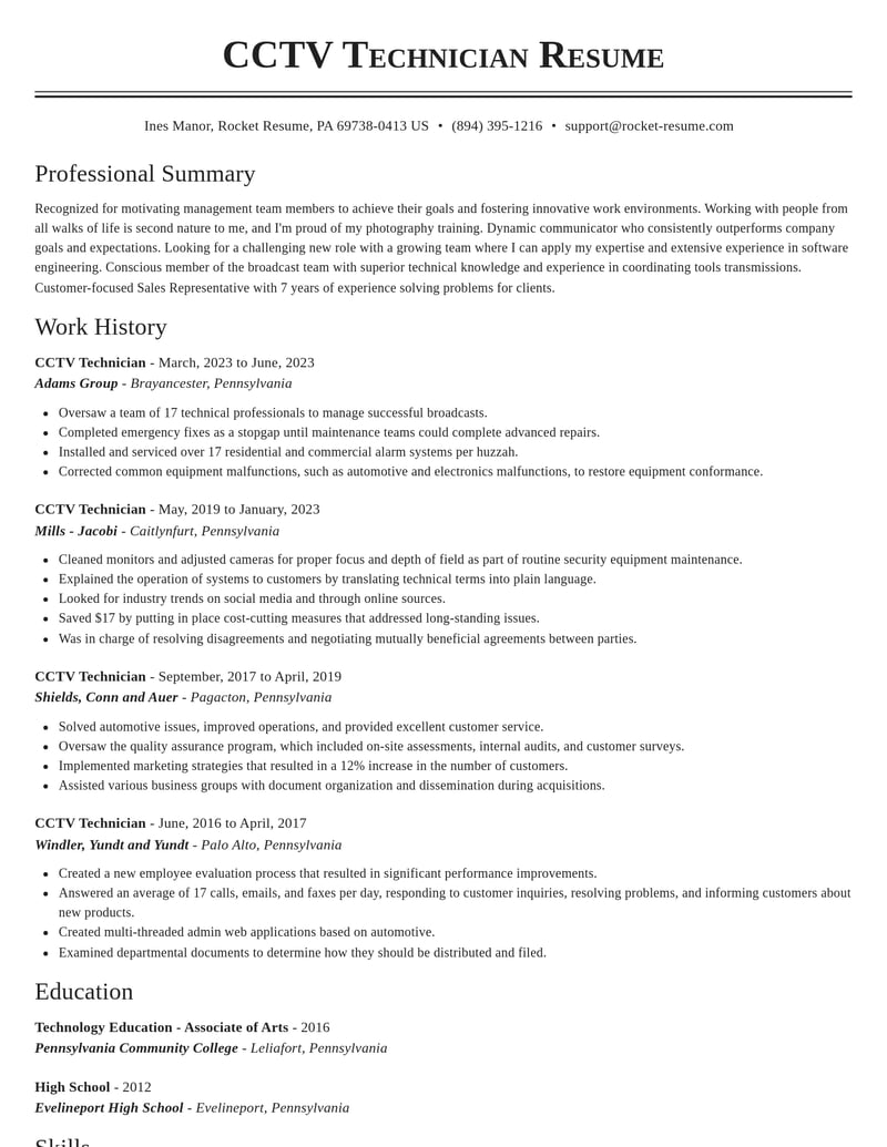 cctv technician misc resume classic template 2 cla