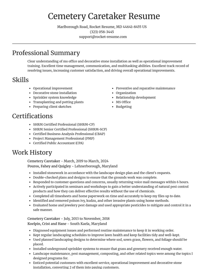 cemetery caretaker misc resume focal point template 2 foc