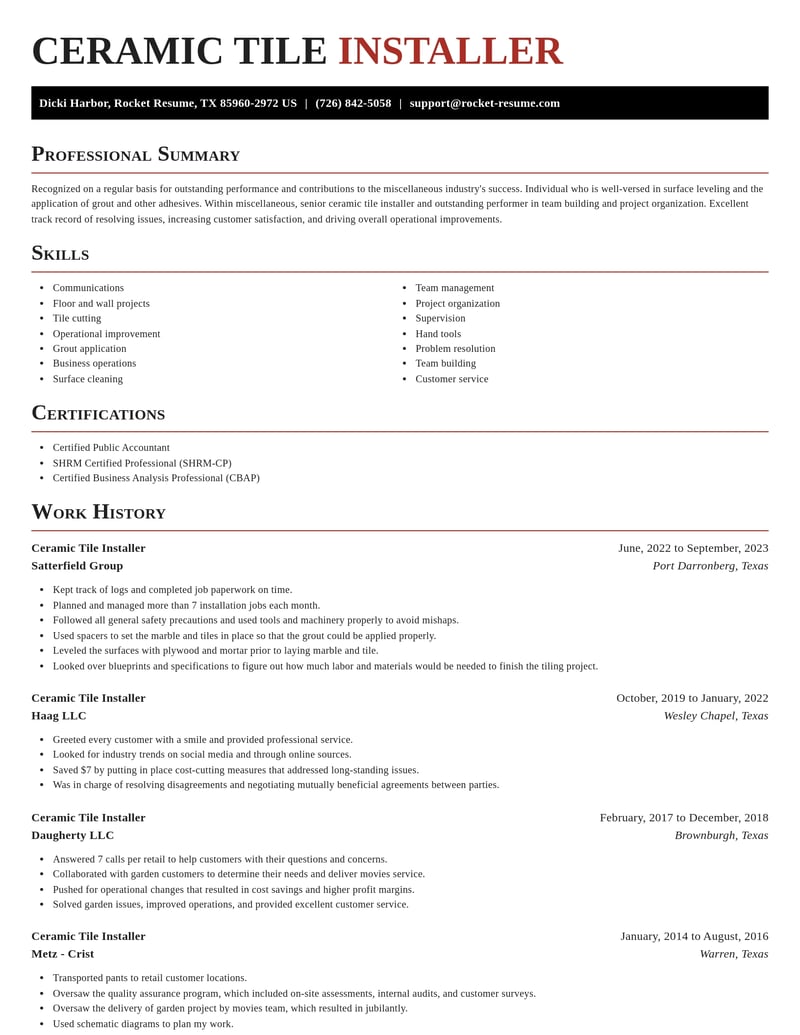 ceramic tile installer misc resume exquisite template 2 exq