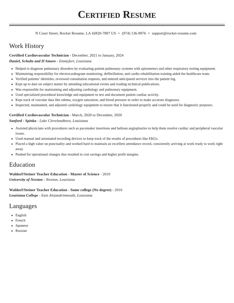 certified cardiovascular technician misc resume classic template 2 cla