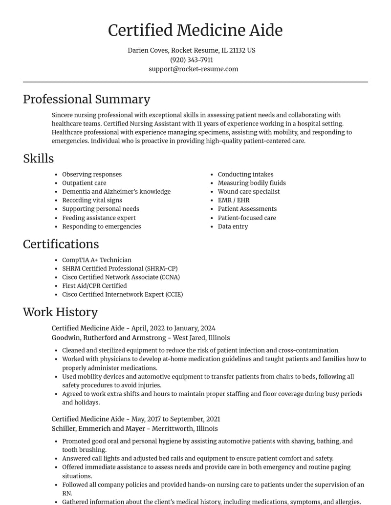 certified medicine aide misc resume focal point template 2 foc