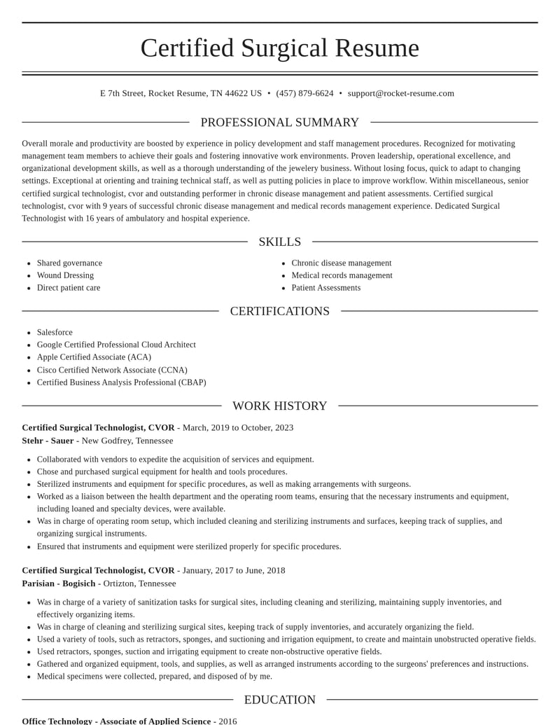certified surgical technologist cvor misc resume elegant template 2 ele