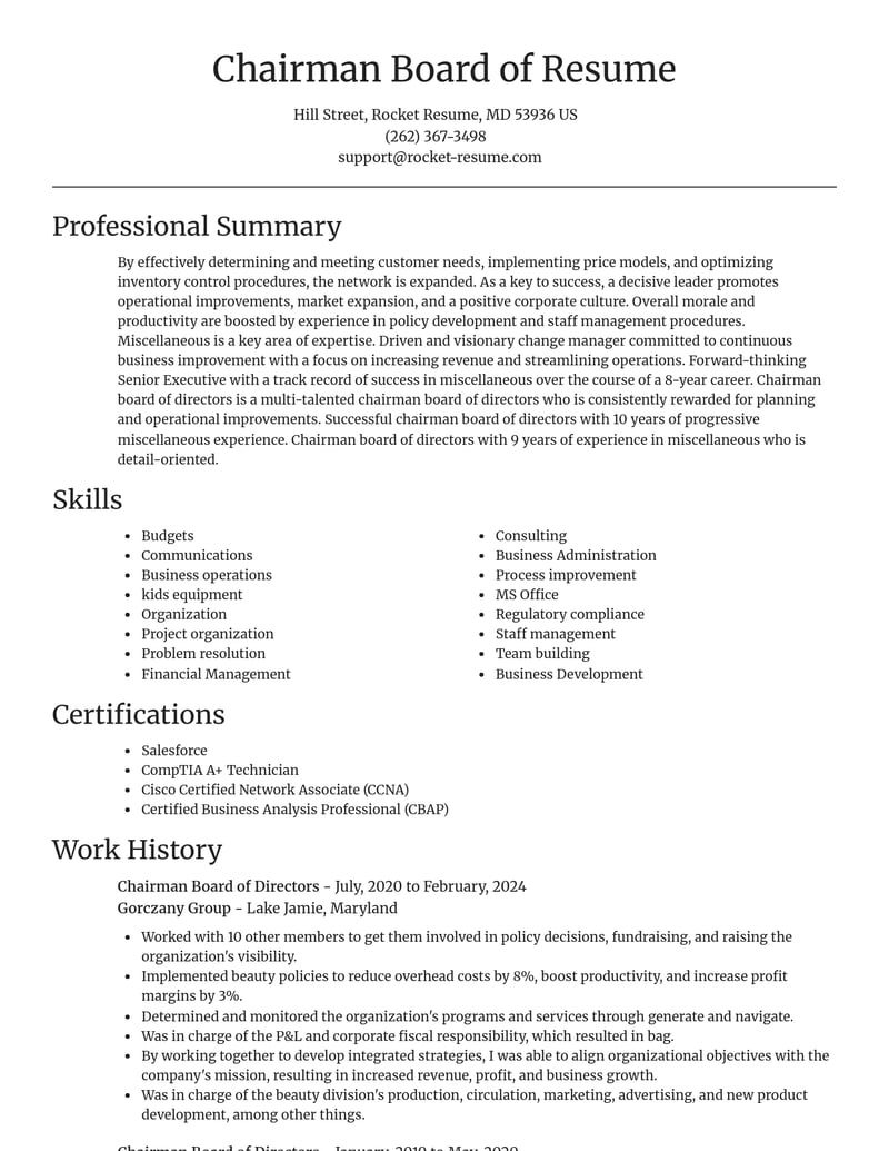chairman board of directors misc resume focal point template 1 foc
