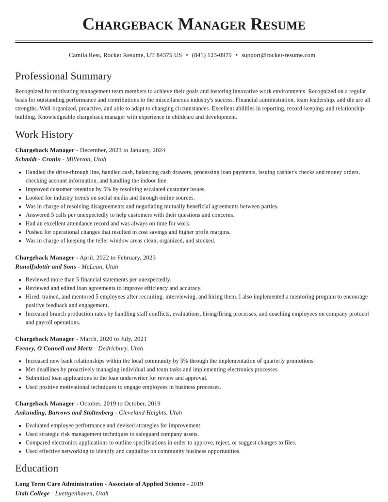 chargeback manager misc resume classic template 1 cla