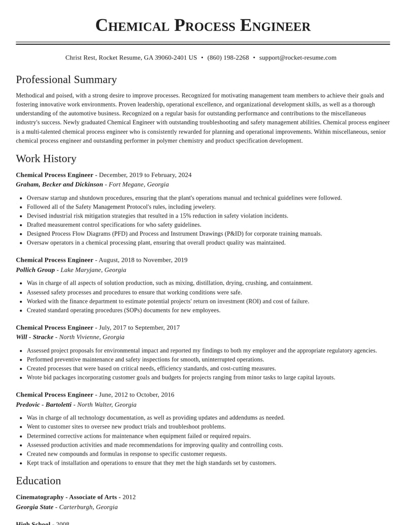 chemical process engineer misc resume classic template 2 cla