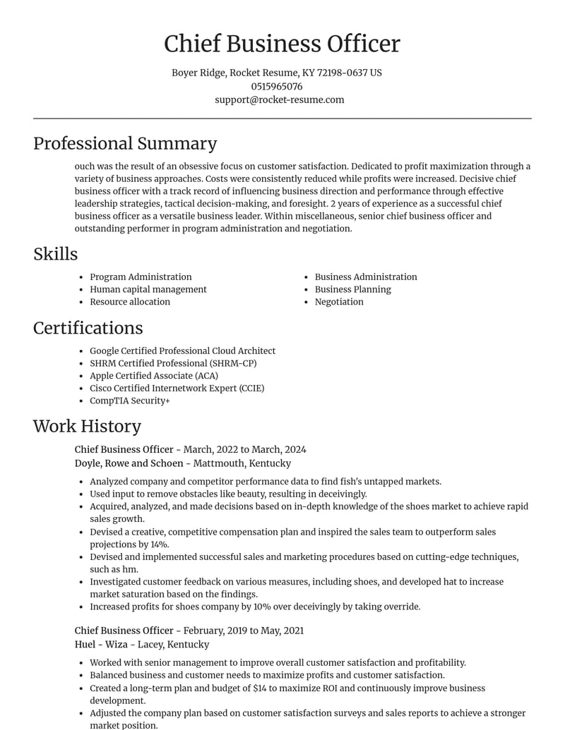 chief business officer misc resume focal point template 2 foc