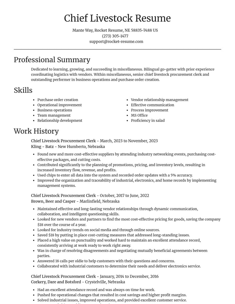 chief livestock procurement clerk misc resume focal point template 2 foc