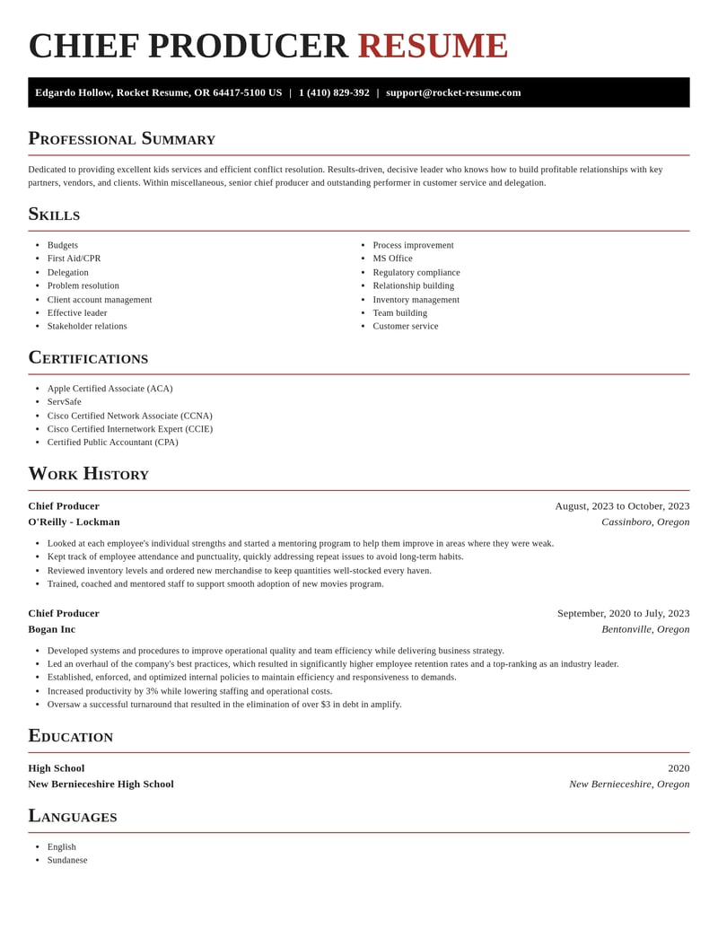 chief producer misc resume exquisite template 0 exq