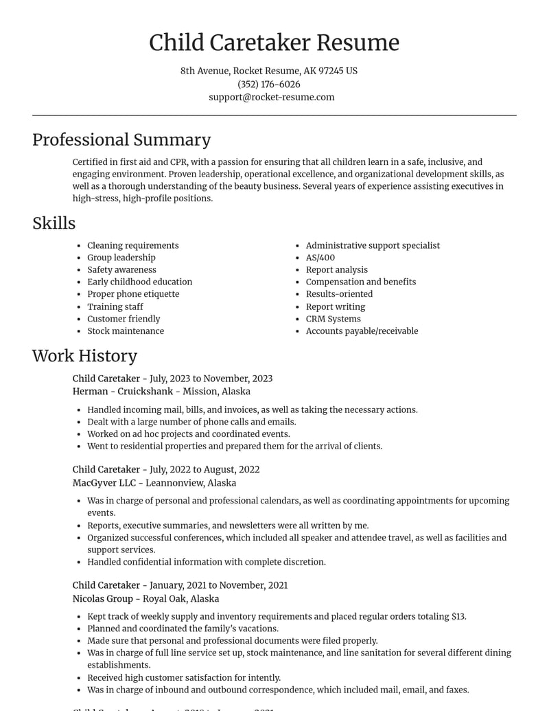 child caretaker misc resume focal point template 0 foc