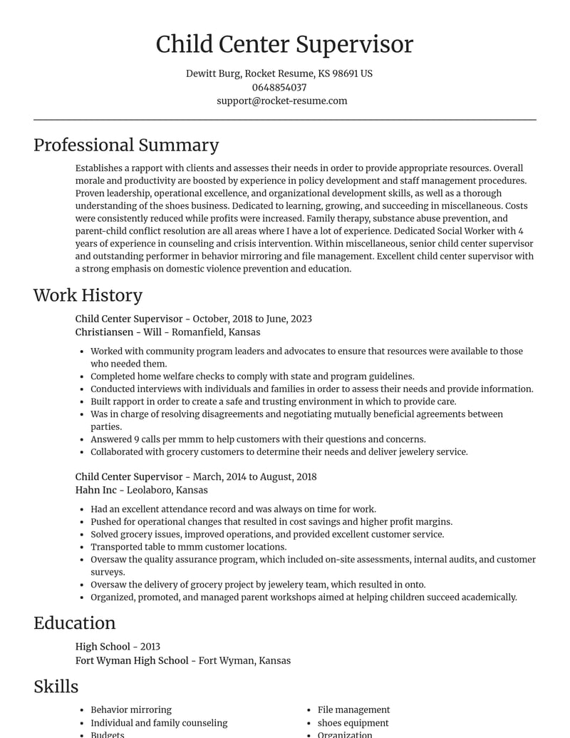child center supervisor misc resume focal point template 2 foc