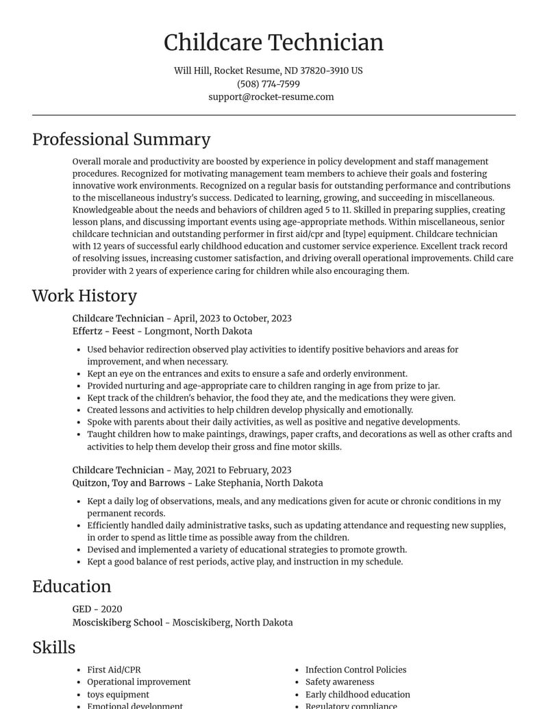 childcare technician misc resume focal point template 2 foc