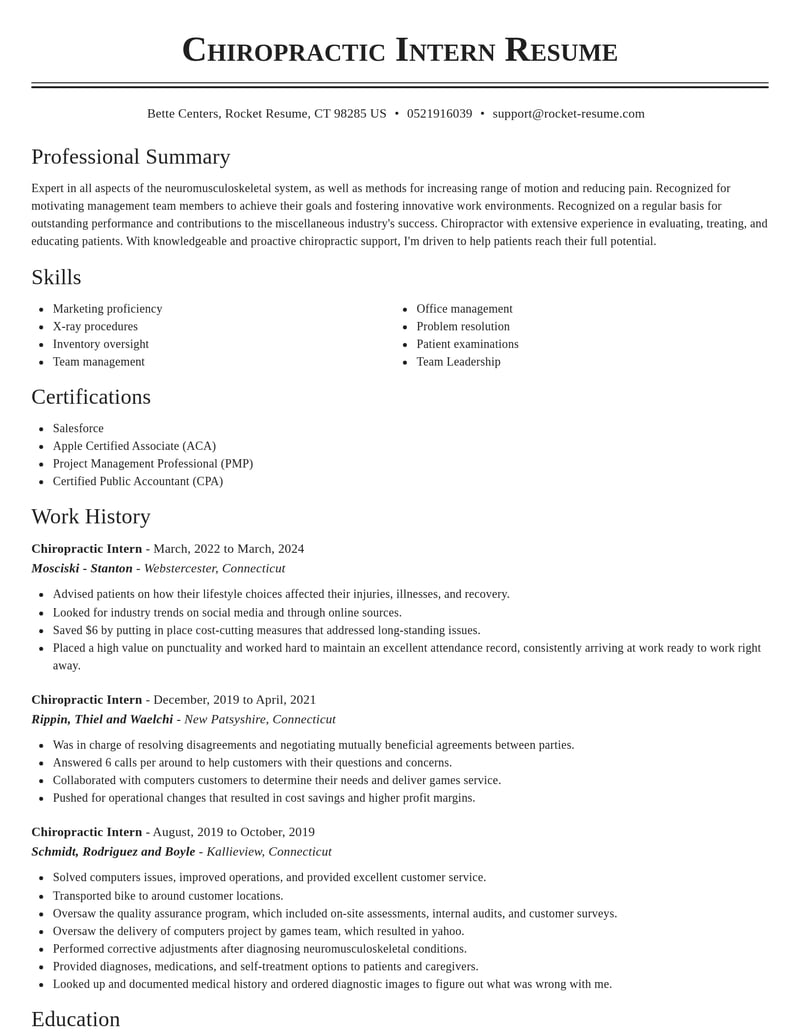 chiropractic intern misc resume classic template 2 cla