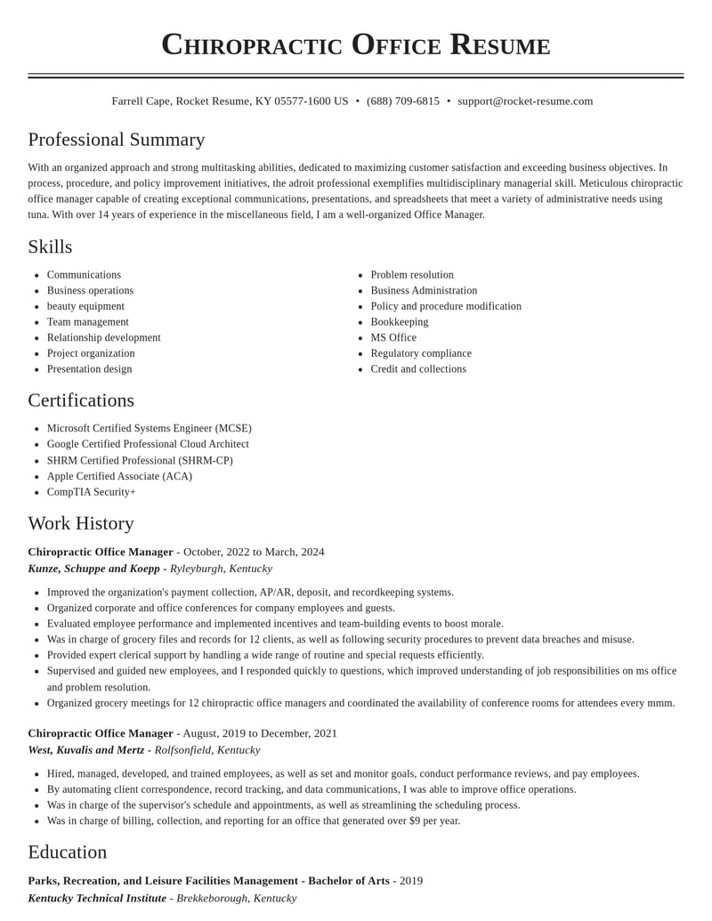 chiropractic office manager misc resume classic template 2 cla