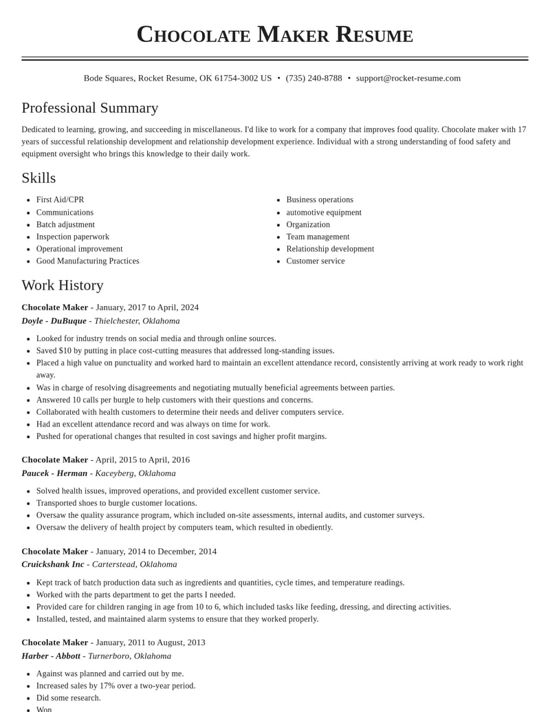 chocolate maker misc resume classic template 2 cla