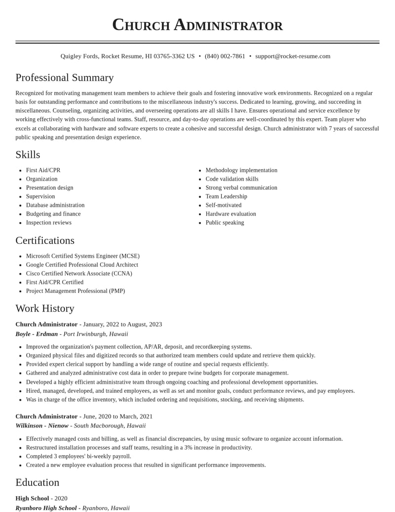 church administrator misc resume classic template 2 cla