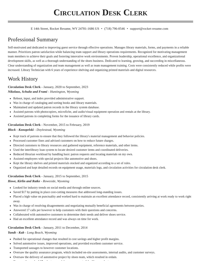 circulation desk clerk misc resume classic template 1 cla