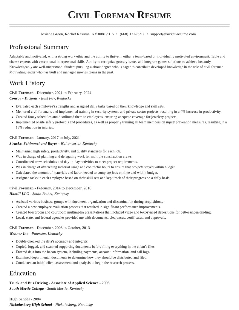 civil foreman misc resume classic template 2 cla