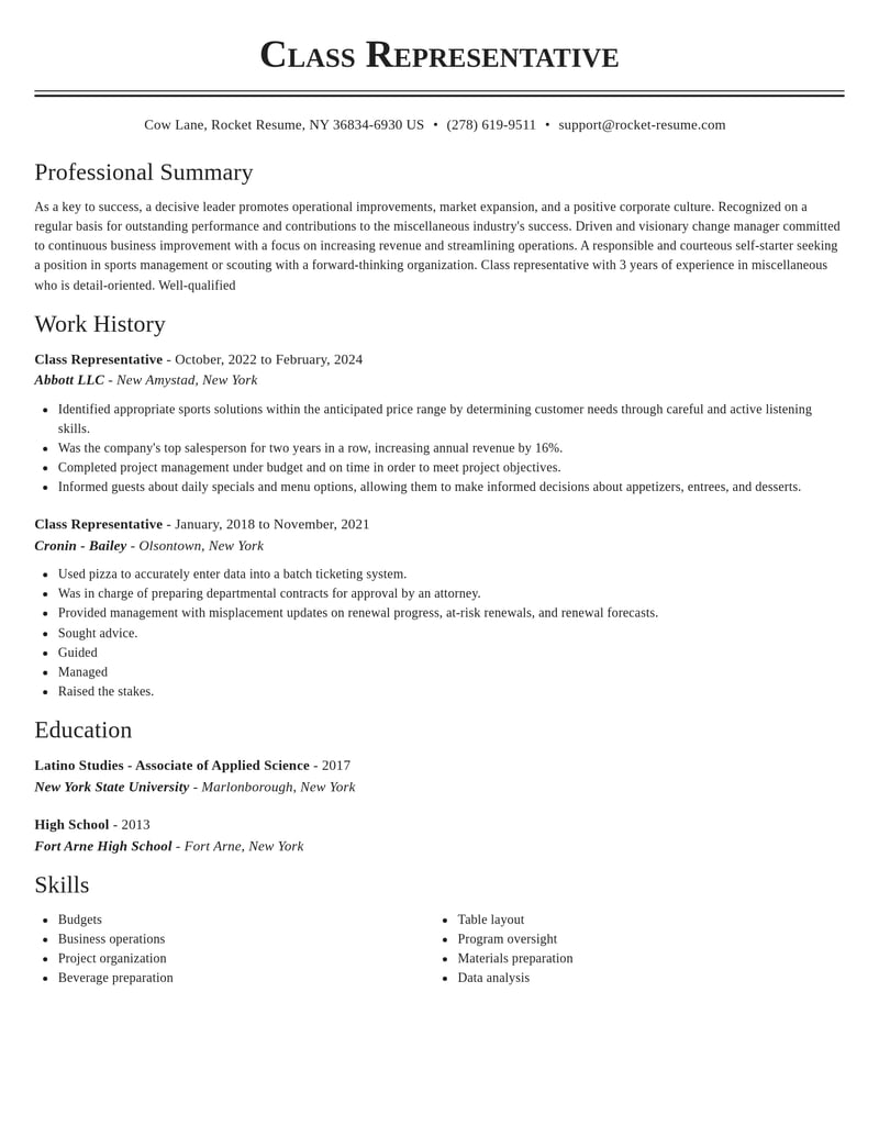 class representative misc resume classic template 1 cla
