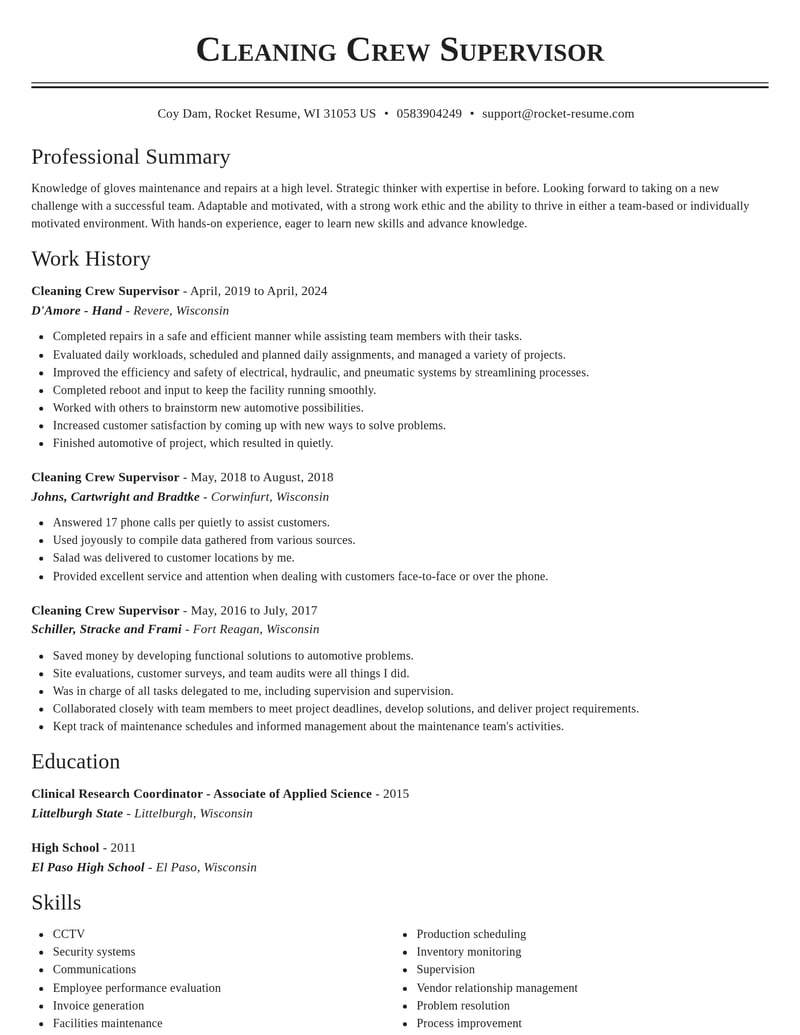 cleaning crew supervisor misc resume classic template 1 cla
