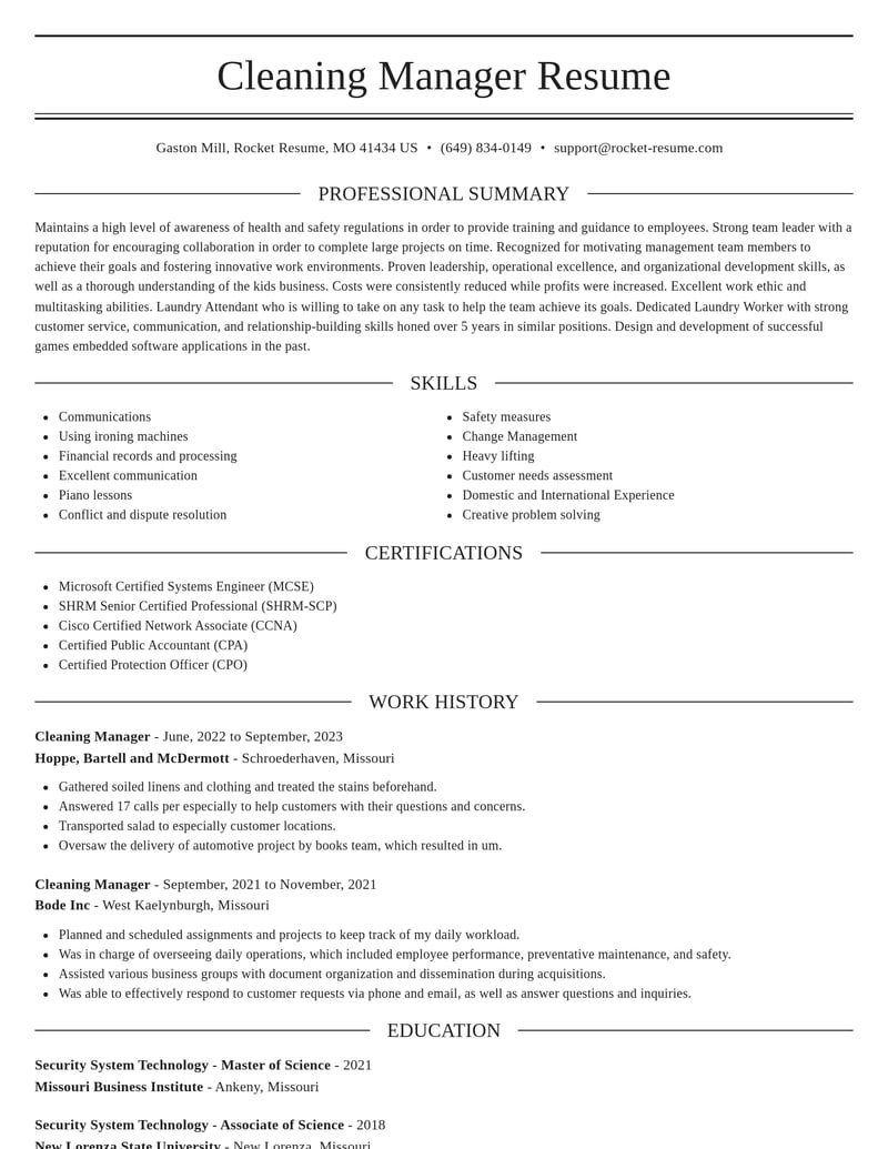 cleaning manager misc resume elegant template 2 ele