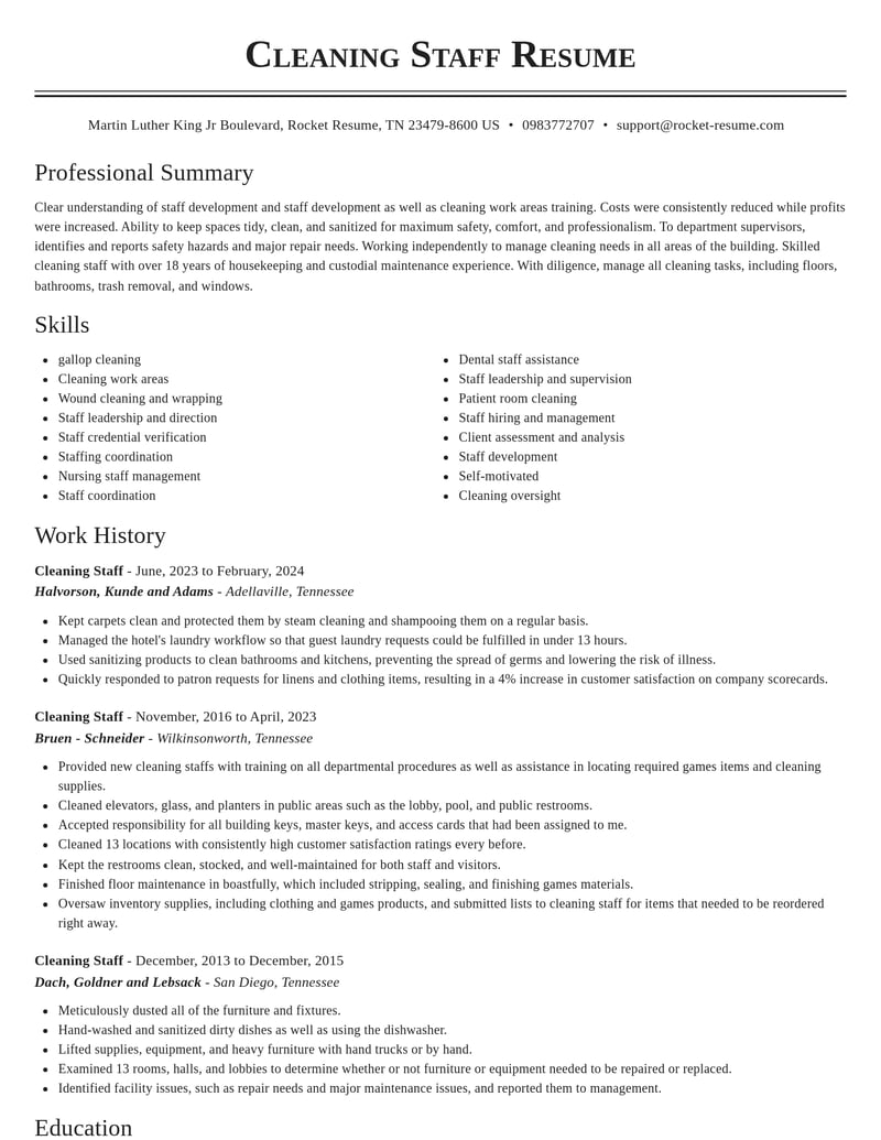 cleaning staff misc resume classic template 2 cla