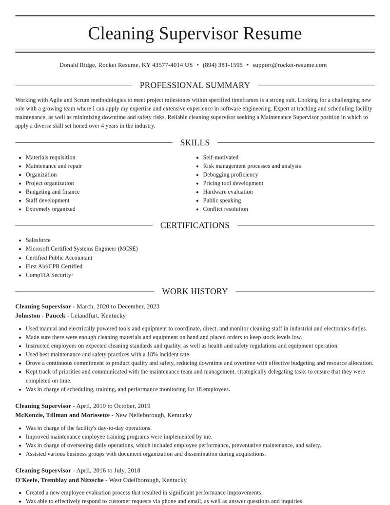 cleaning supervisor misc resume elegant template 0 ele