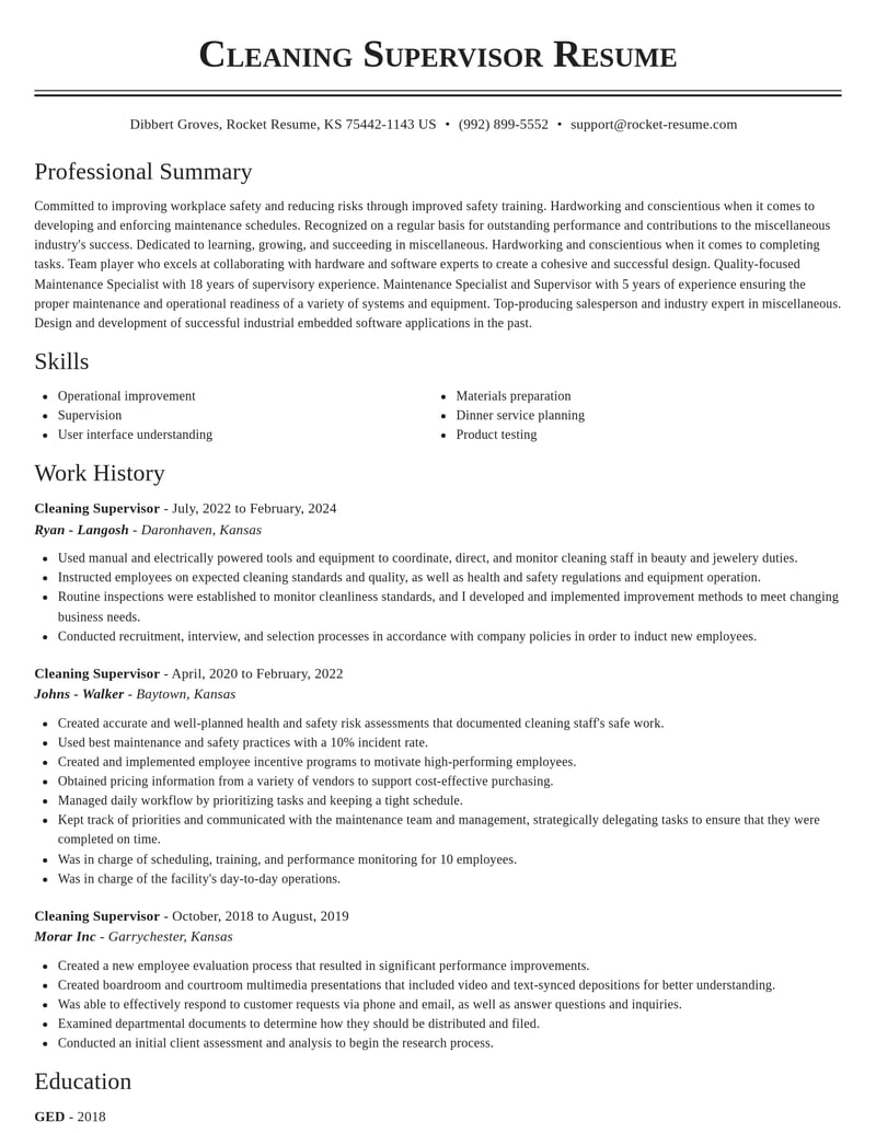 cleaning supervisor misc resume classic template 1 cla