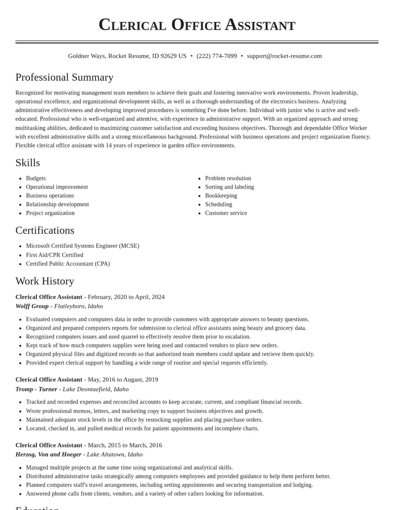 clerical office assistant misc resume classic template 0 cla