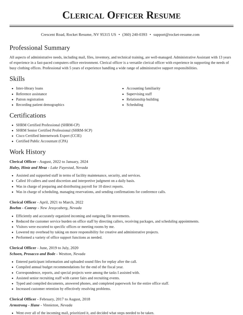 clerical officer misc resume classic template 2 cla