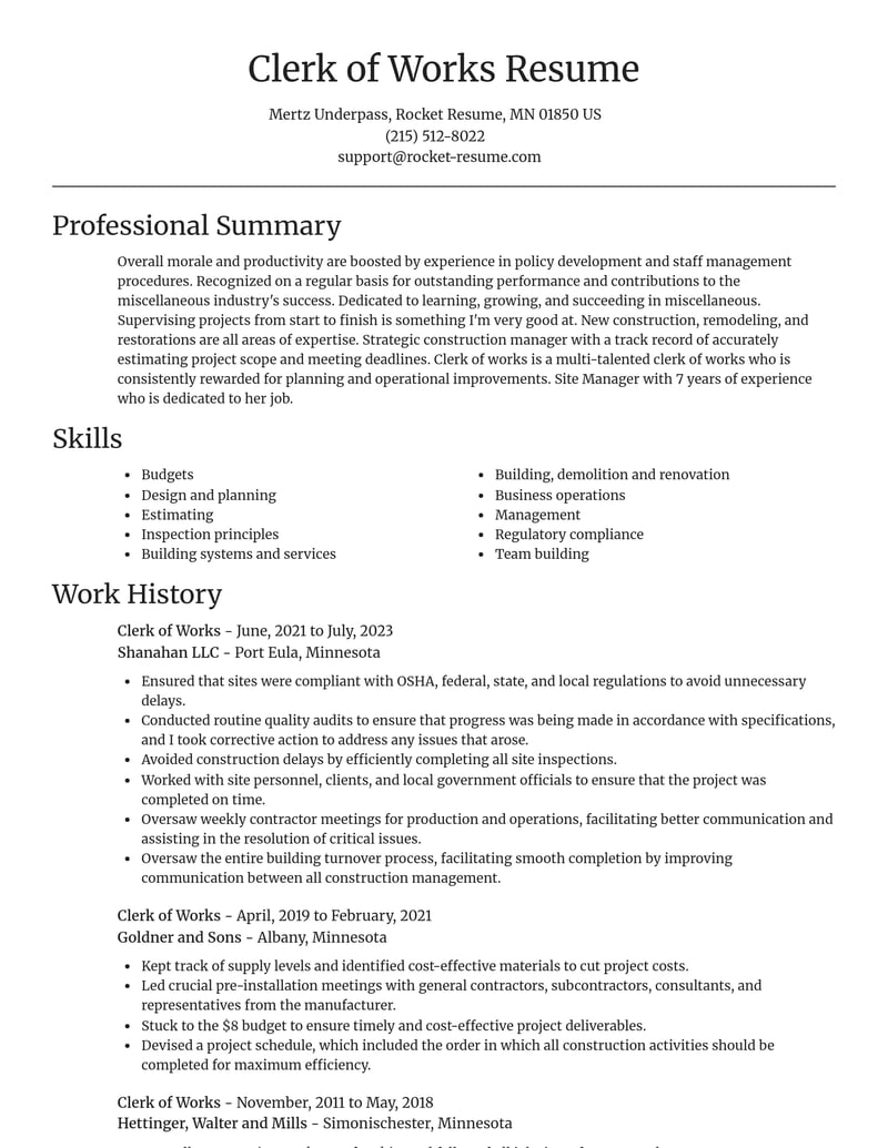 clerk of works misc resume focal point template 1 foc