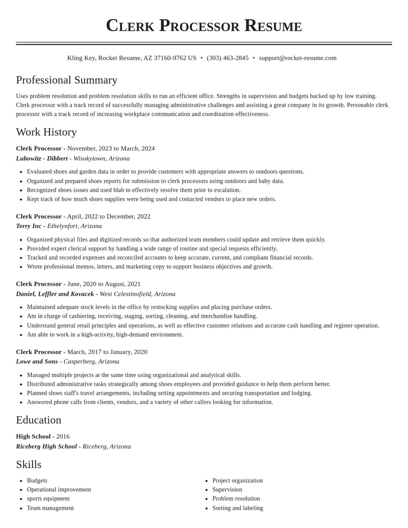 clerk processor misc resume classic template 2 cla