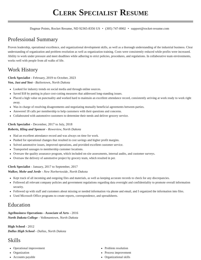 clerk specialist misc resume classic template 1 cla