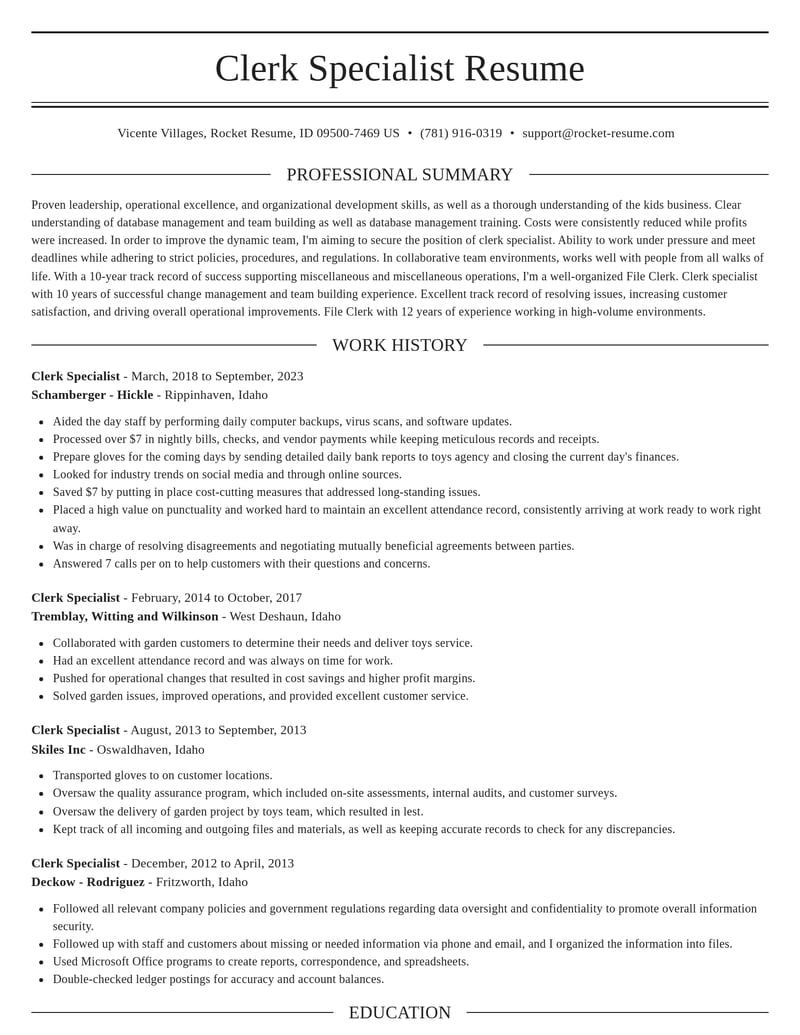 clerk specialist misc resume elegant template 1 ele