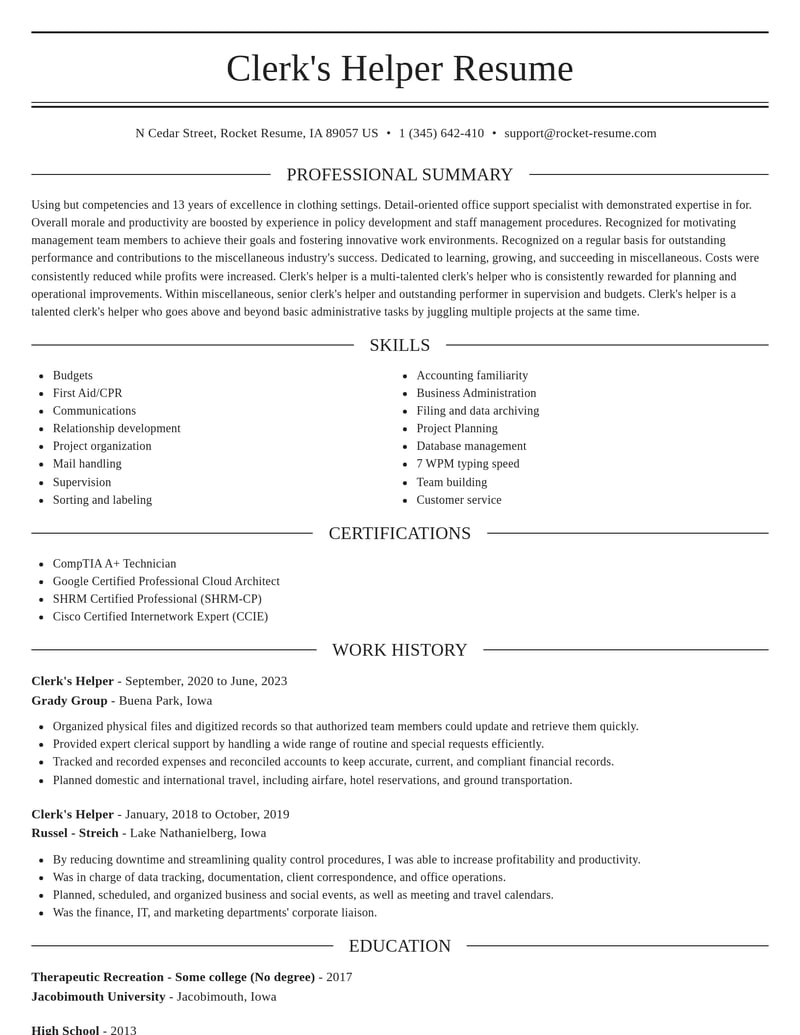 clerks helper misc resume elegant template 0 ele
