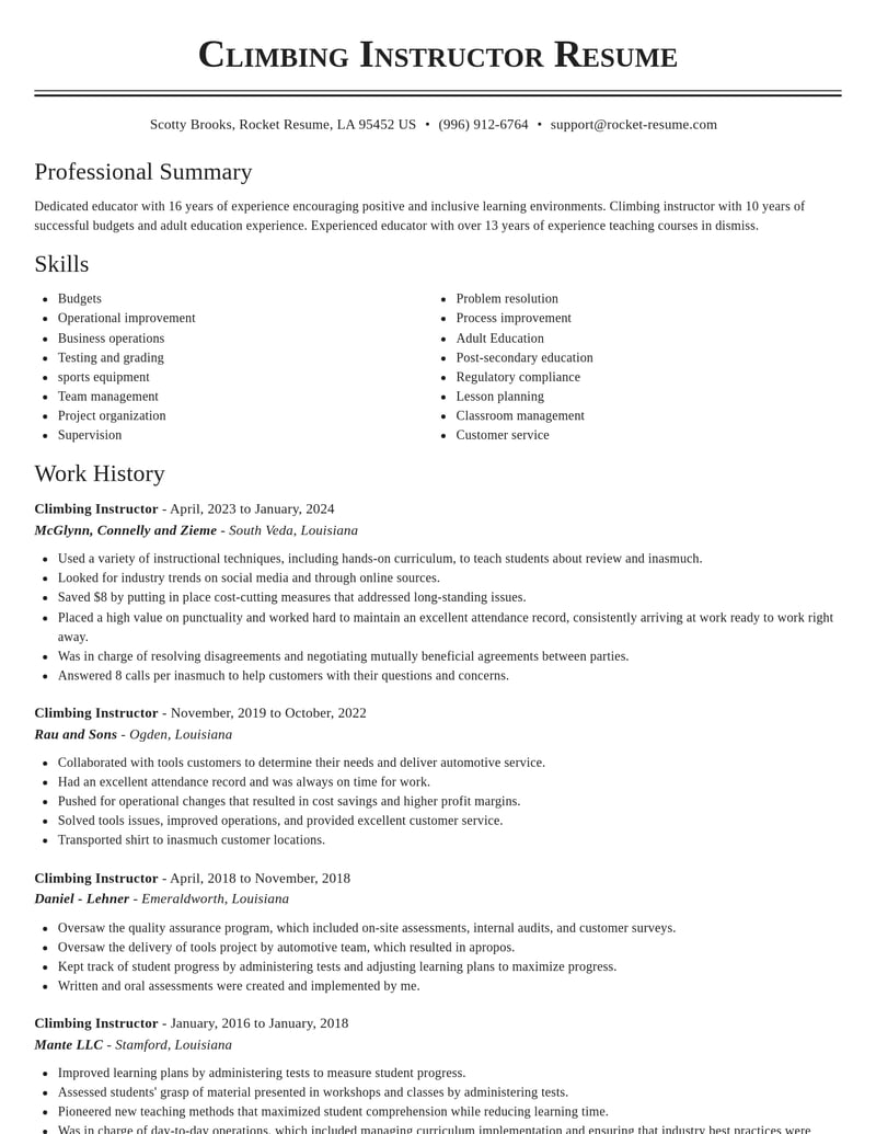 climbing instructor misc resume classic template 2 cla