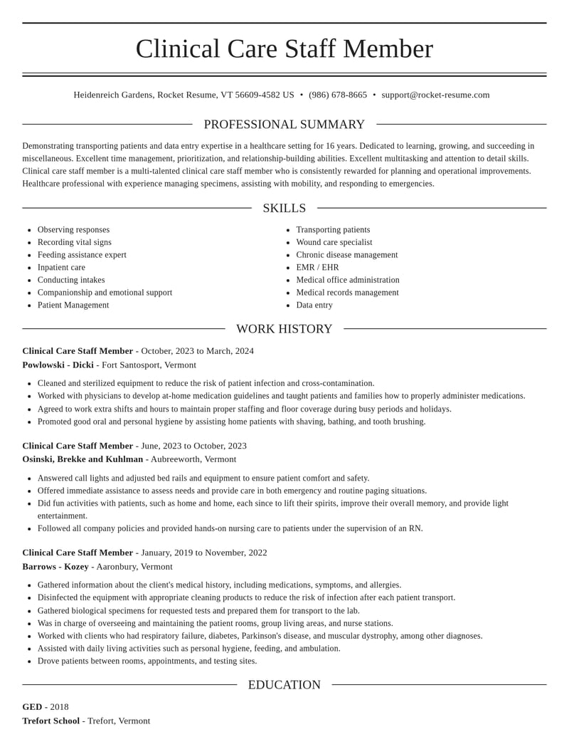 clinical care staff member misc resume elegant template 0 ele