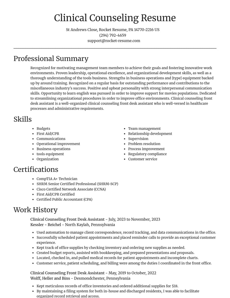 clinical counseling front desk assistant misc resume focal point template 0 foc