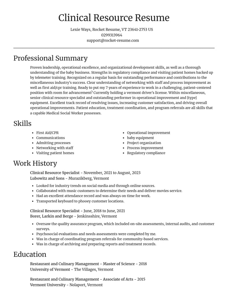 clinical resource specialist misc resume focal point template 1 foc