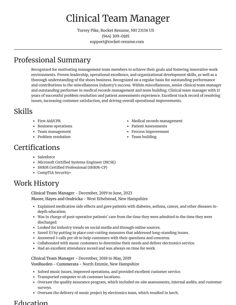 clinical team manager misc resume focal point template 2 foc
