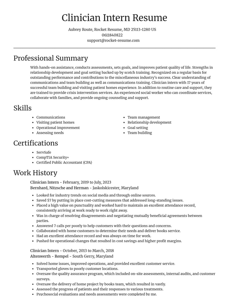 clinician intern misc resume focal point template 2 foc