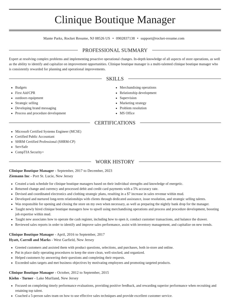 clinique boutique manager misc resume elegant template 1 ele