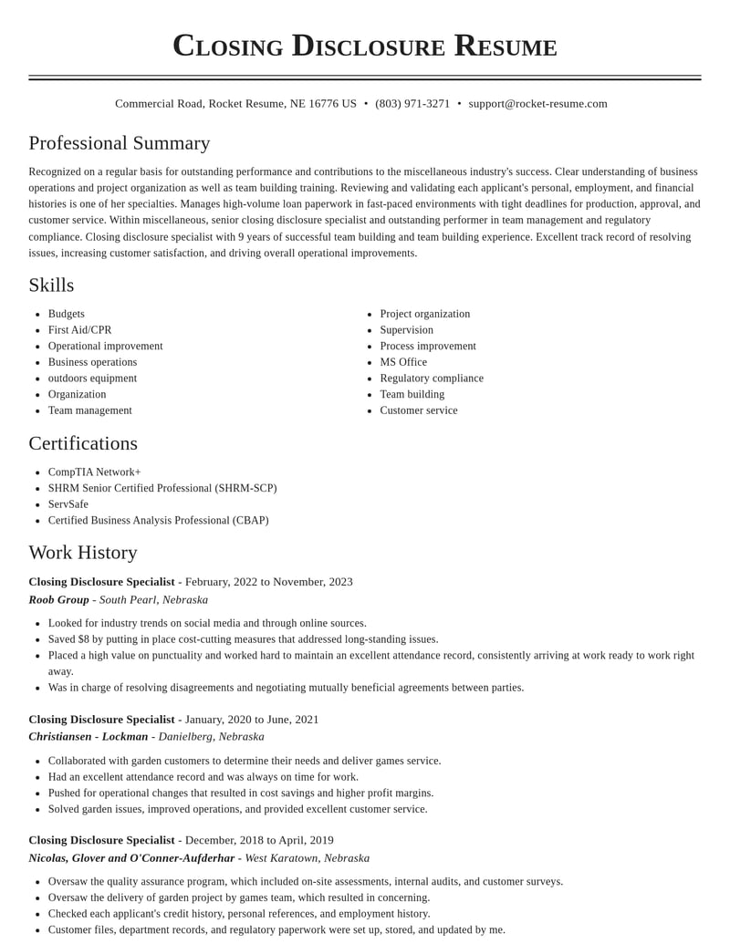 closing disclosure specialist misc resume classic template 2 cla
