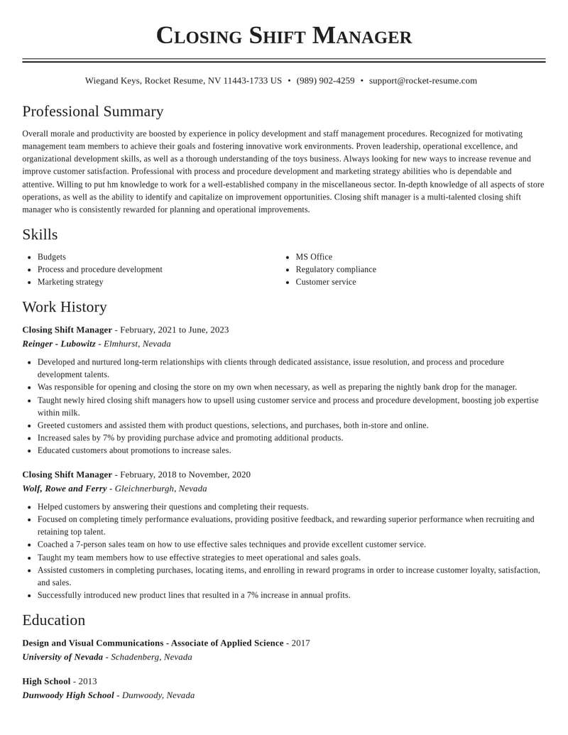 closing shift manager misc resume classic template 2 cla