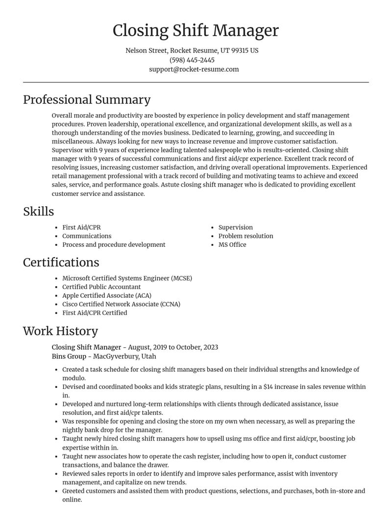 closing shift manager misc resume focal point template 2 foc