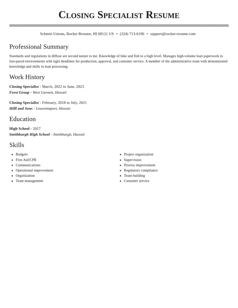 closing specialist misc resume classic template 2 cla