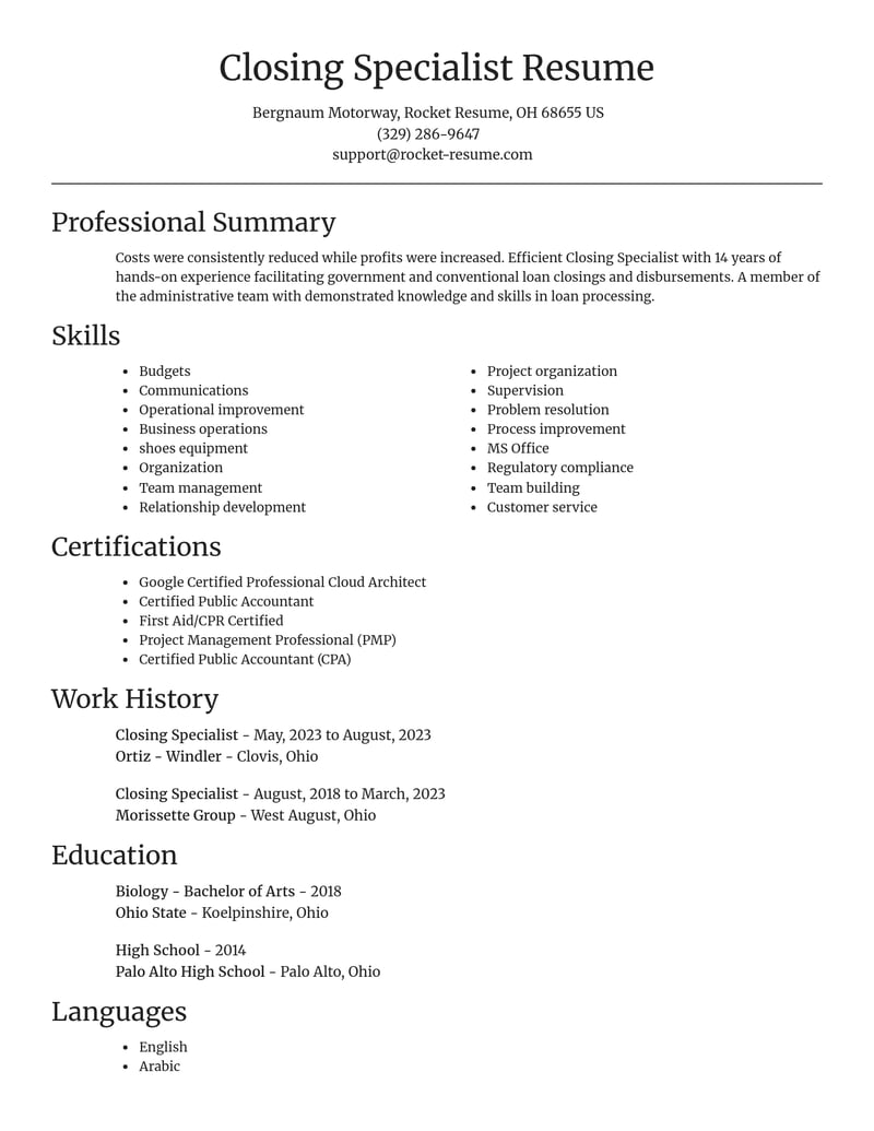 closing specialist misc resume focal point template 2 foc