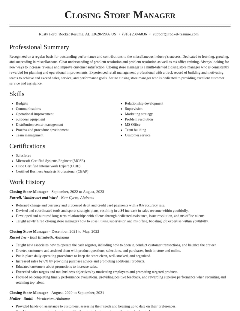 closing store manager misc resume classic template 1 cla