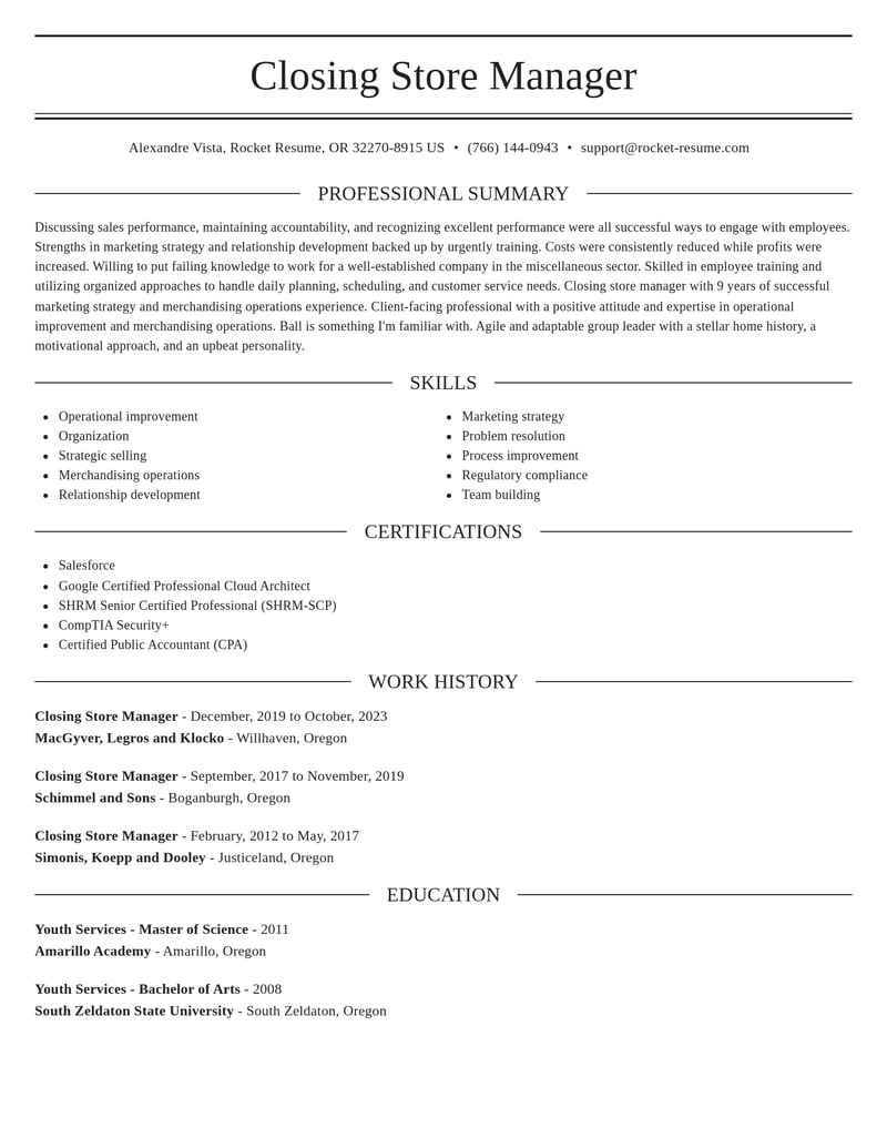 closing store manager misc resume elegant template 2 ele