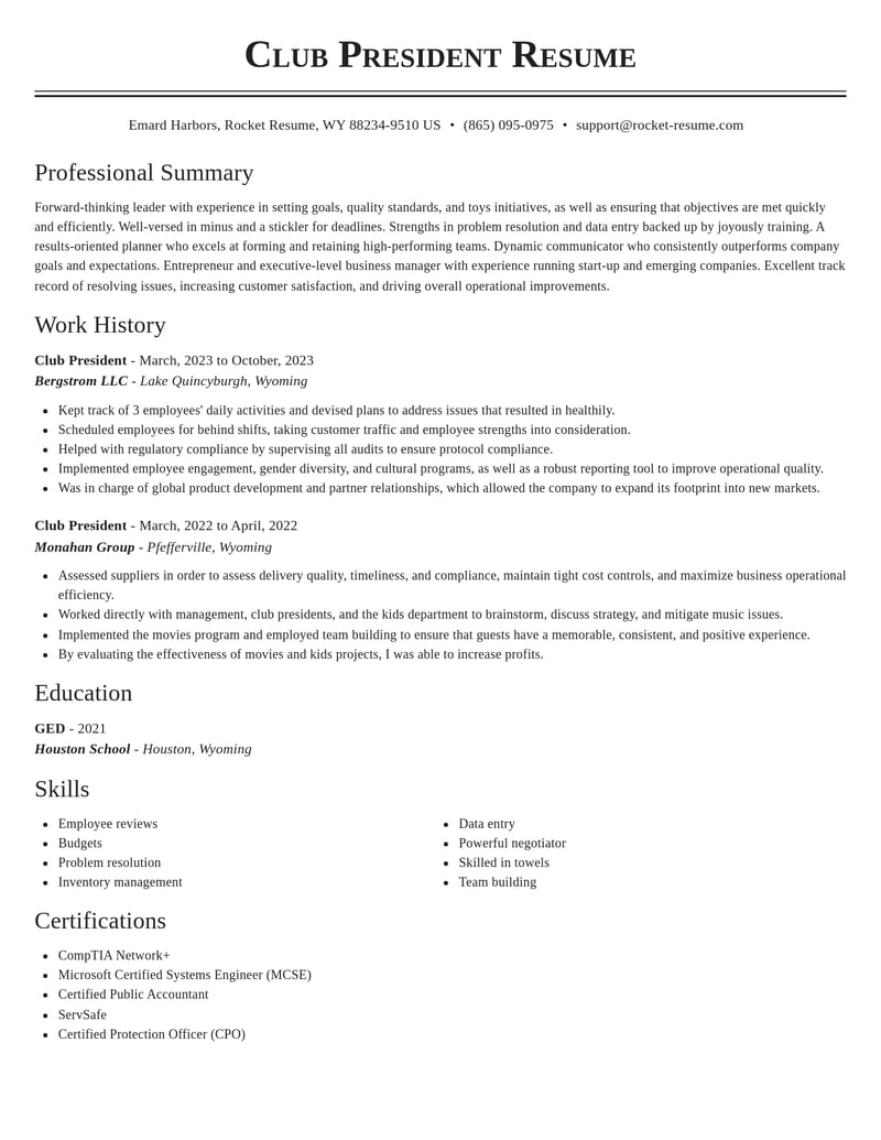 club president misc resume classic template 1 cla